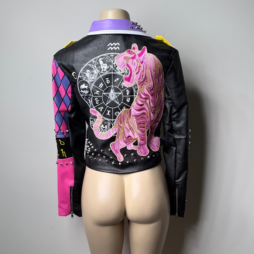 Studded Black Leather Biker Jacket with Pink & Purple Colorblock - Picture 6 of 8